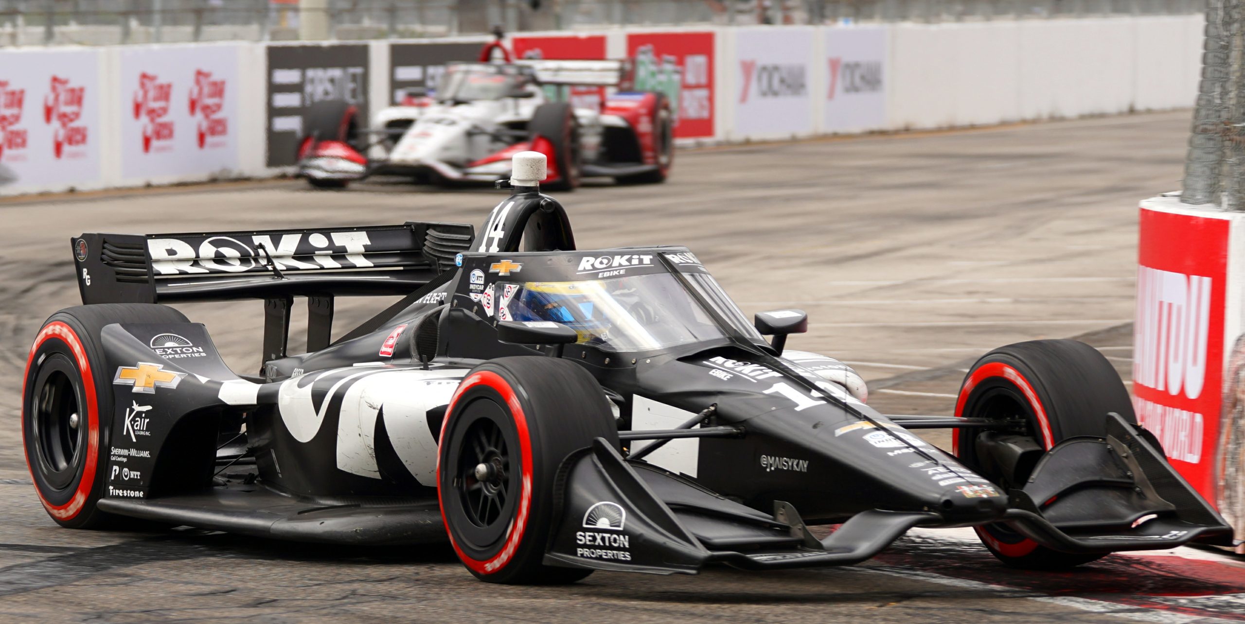 Bourdais saved his Firestone “Reds” (softer compound tires) for his final two stints for maximum speed at the end of the race and is shown here leading two-time Indy 500 winner Takuma Sato home in 8th and 9th place respectively.