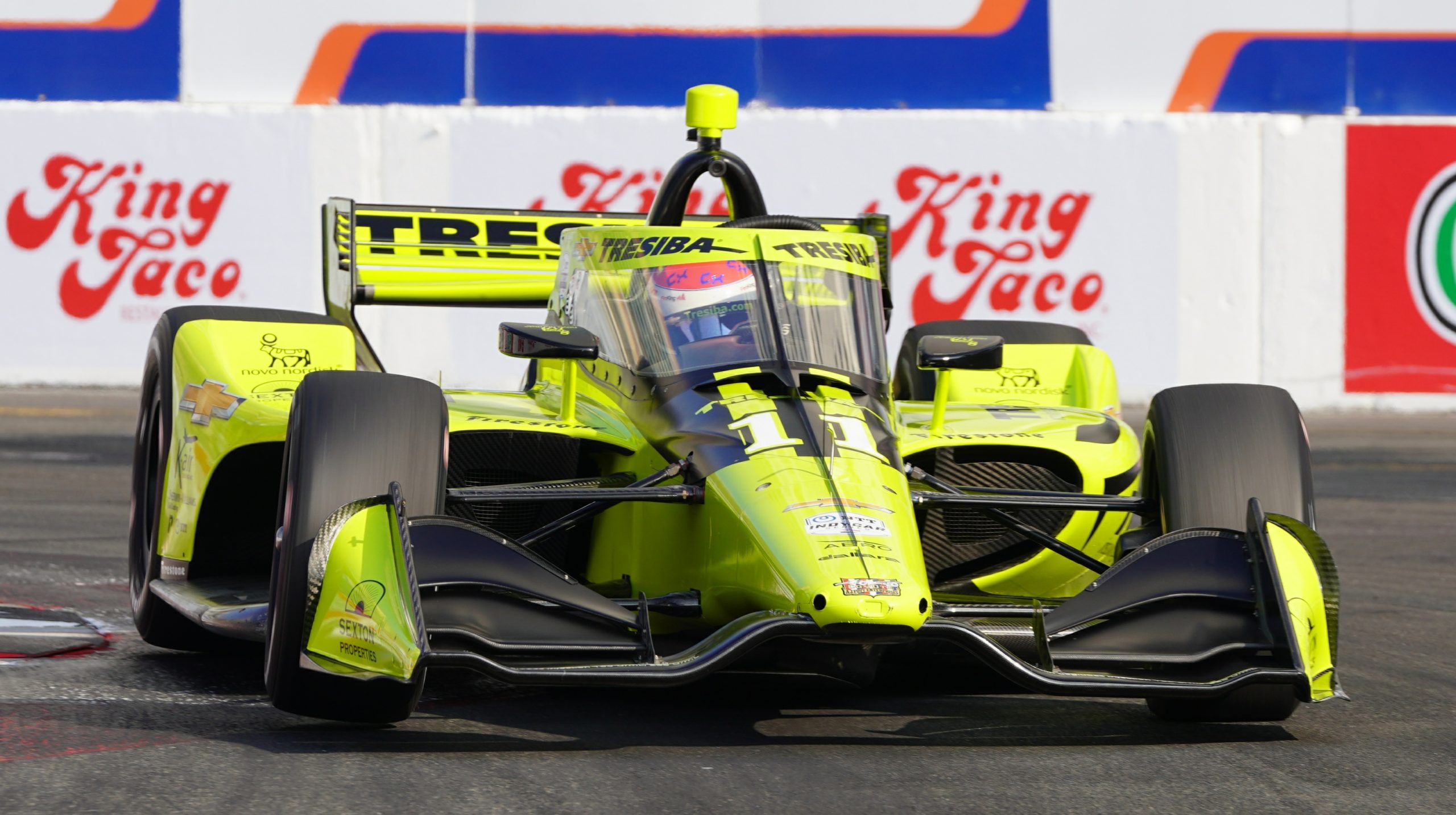 Charlie Kimball pushes hard in Turn 9 during qualifying on Saturday, yet was only able to earn a 20th place starting position.