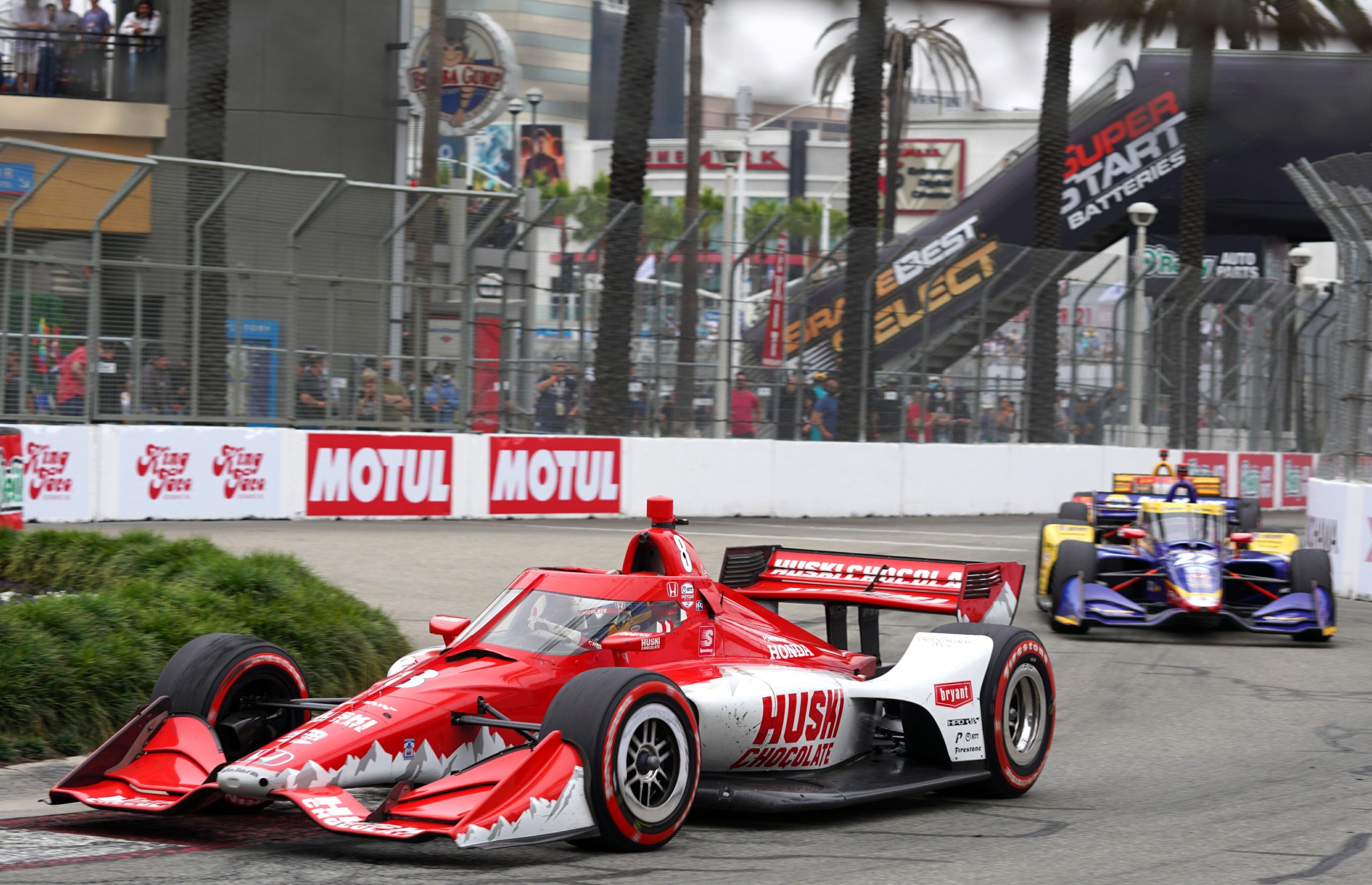 Marcus Ericsson is shown here holding off two Indy 500 champions – Alex Rossi and Ryan Hunter Reay. Unfortunately, a few laps later Rossi would dive to the inside of Ericsson in Turn 1. Ericsson tried to hold the outside line and skated in the marbles and into the tire barrier.