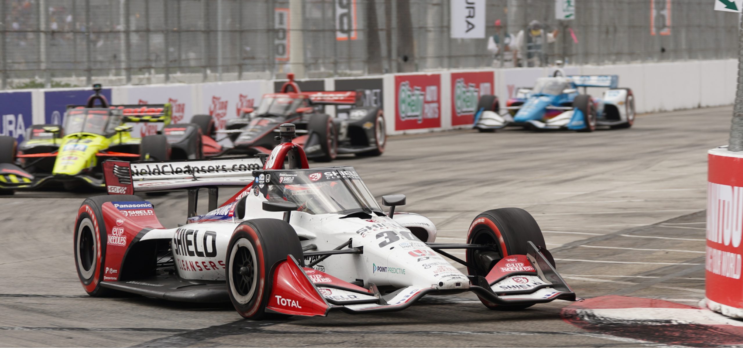 Near the end of the race, Sato leads Ed Jones, Will Power and Scott McLaughlin.