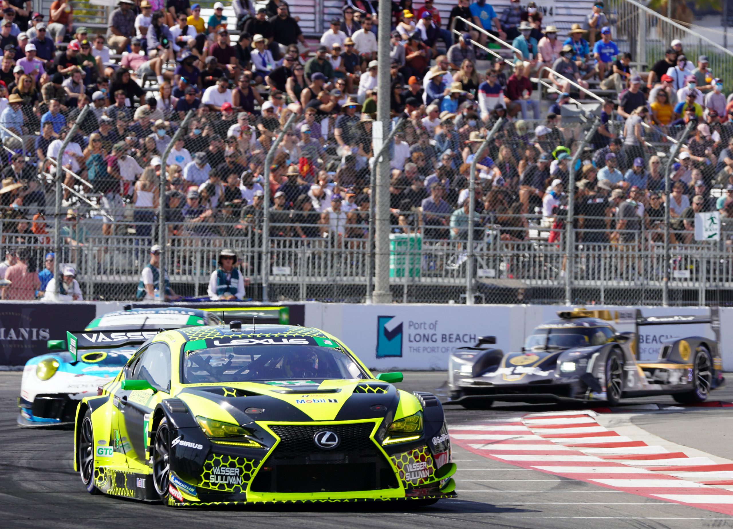 There’s never a dull moment in the GTD class! Here, Veach is being chased by the GTD Porsche of Katherine Legge/Rob Ferriol  and the Mustang Sampling DPi Cadillac.